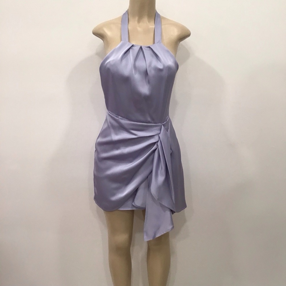 Lena Blue Satin Halter Mini Dress Womens Small Draped Wrap Skirt Party